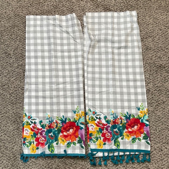 The Pioneer Woman Floral Gingham Kitchen Curtains Teal Tassel Trim Tier Panels - Picture 3 of 5